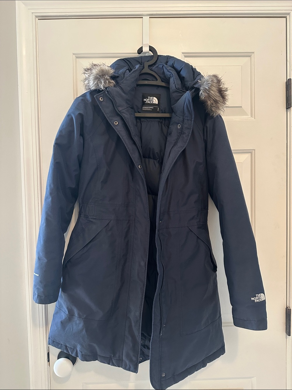 The North Face Women's Navy Puffer Parka with Faux Fur Hood